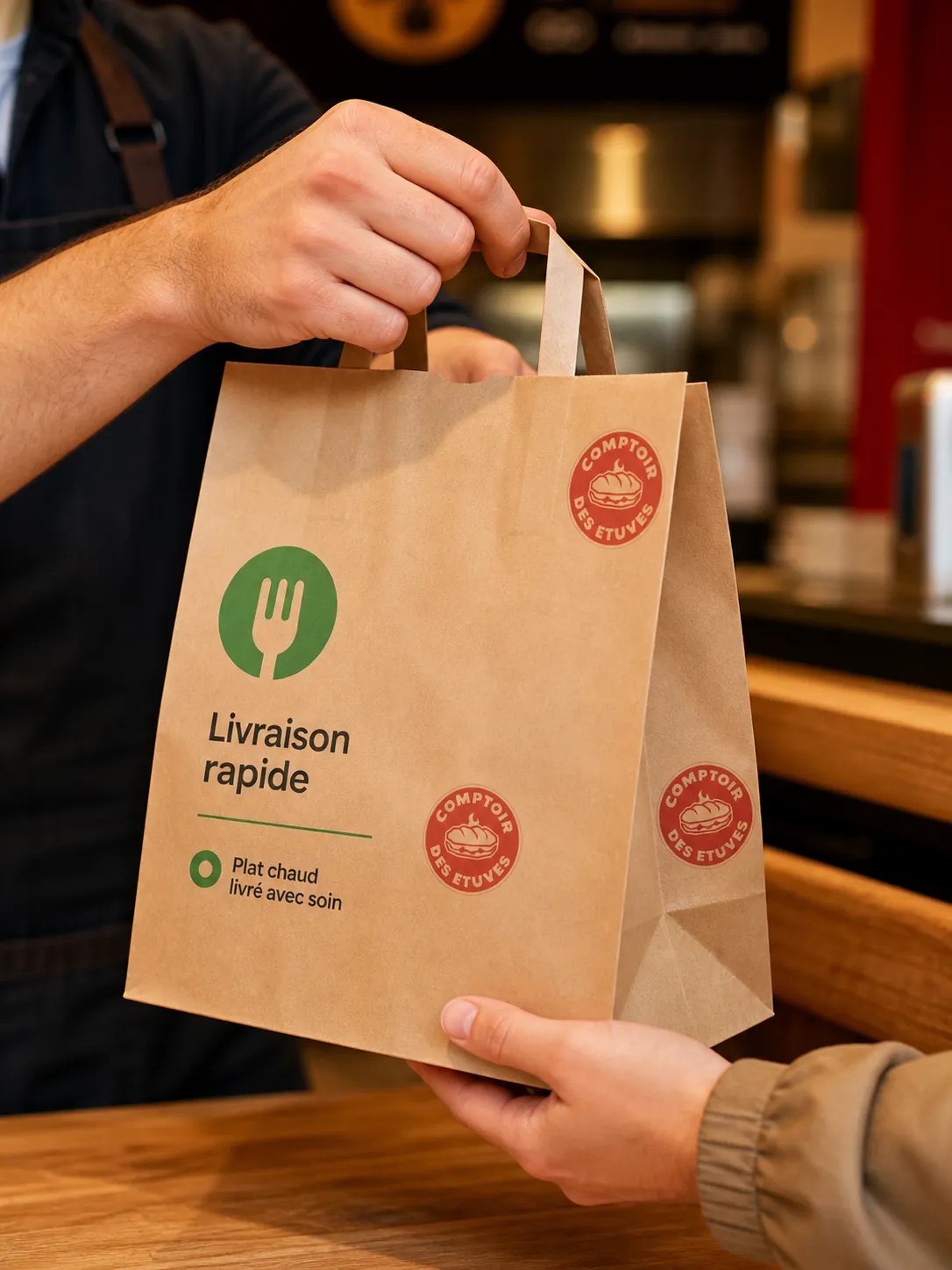 Sac de livraison Uber Eats du Comptoir des Étuves remis au comptoir